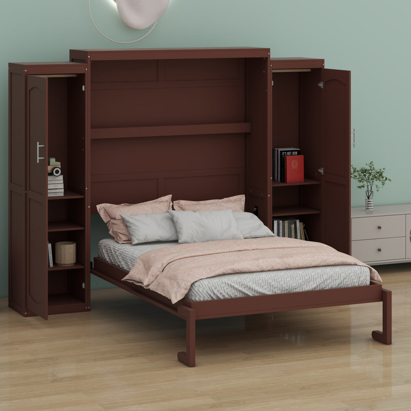 Lit plateforme pliable en bois avec garde-robe et tablette de rangement, Noyer