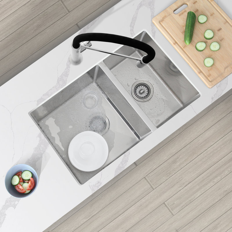 28 in. x 18 in. 18 Gauge, Stainless Steel, Brushed 60/40 Double Bowl Undermount Kitchen Sink