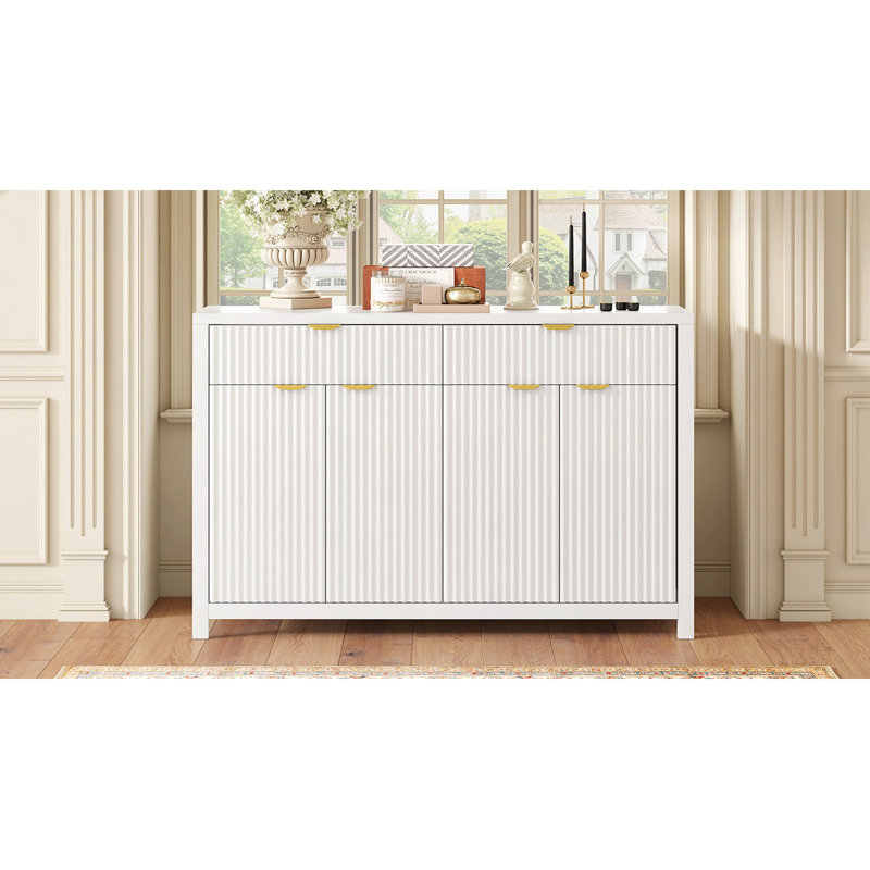 Buffet moderne à motif de vagues avec 2 tiroirs et 4 portes, 3 tablettes réglables à 3 niveaux, poignées arquées en aluminium, style scandinave, 3 couleurs, convient au vestibule, au salon