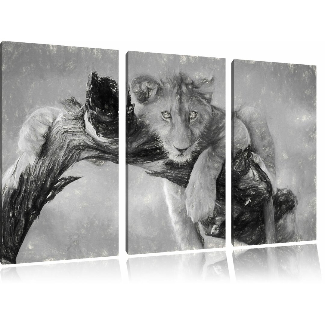 3-tlg. Leinwandbild-Set „Junger Löwe in der Natur“, Kunstdruck