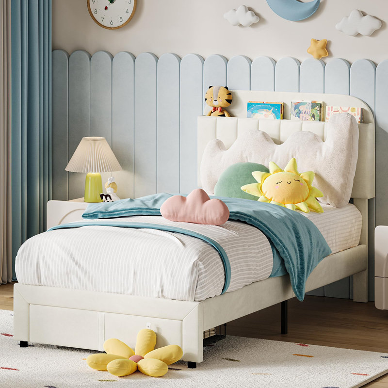 Twin Bed Frame with Bookcase Headboard & Storage Drawer, Cozy Velvet Upholstered Platform Bed for Kids, Beige
