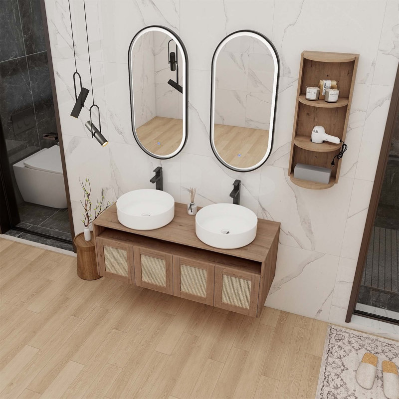 Meuble-lavabo flottant écologique avec porte à fermeture douce et grand rangement, parfait pour les maisons modernes et durables.