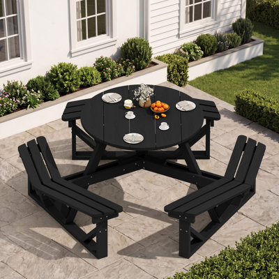 HDPE 6-Person Outdoor Convertible Picnic Table Set, All-In-One Hexagon Patio Dining Bench With Round Tabletop For Backyard Garden Deck