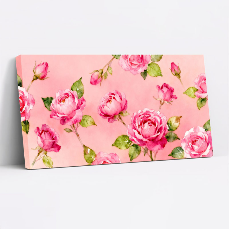 «Pink Roses», ensemble de 1 reproduction d'art sur toile tendue sur toile, H 12 po x l 36 po