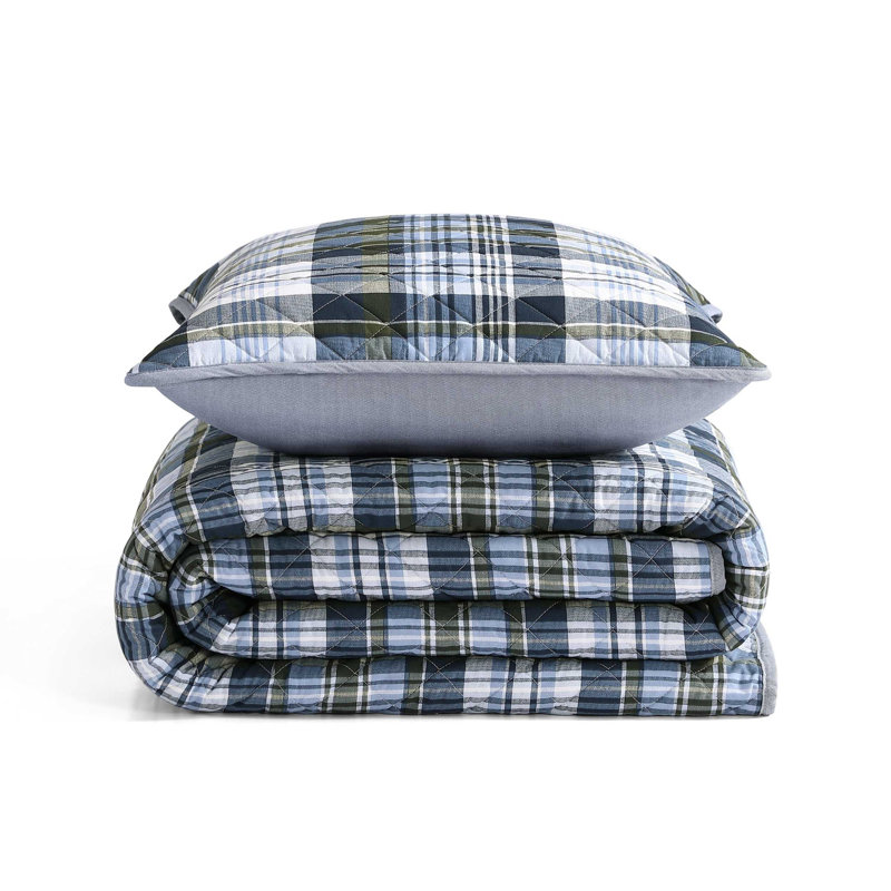Tommy Hilfiger Bleecker Plaid Blue Cotton Reversible Quilt Set, Blue Plaid, Twin Quilt + 1 Standard Sham