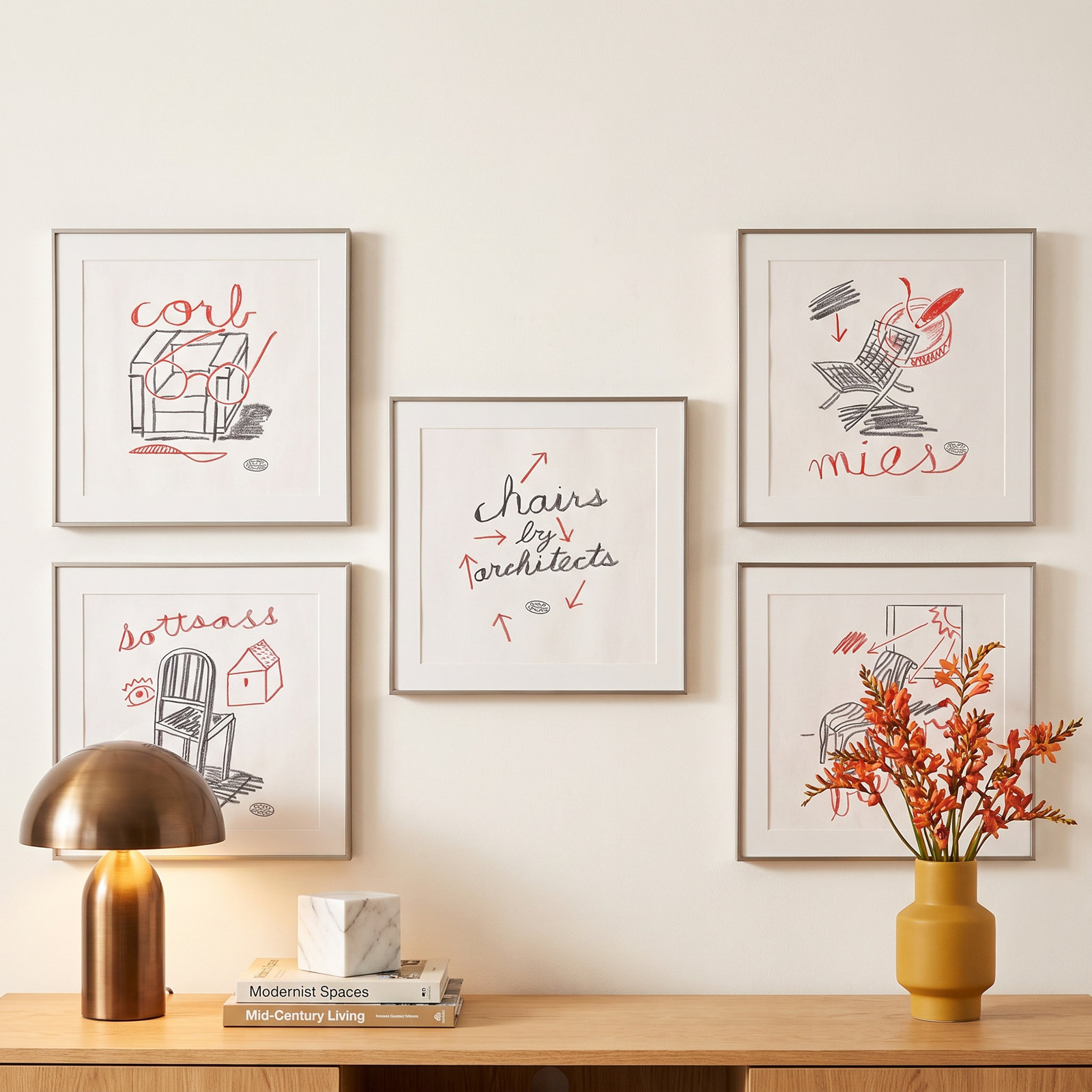 Amir "Chairs" 5-Piece Print Set by Jeff Jackson, 24" W x 24" H, White Single Picture Framed Canvas