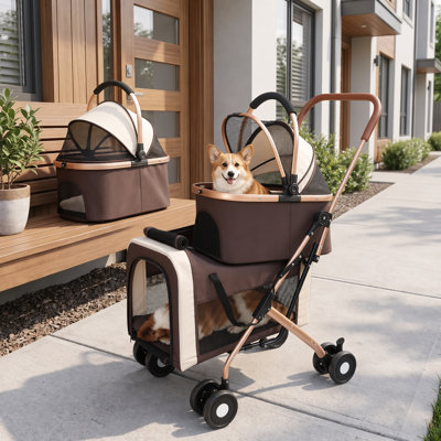 Foldable Pet Dog and Cat Stroller with 2-in-1 Detachable Foldable 4 Wheels Pet Stroller, Quick One-Hand Fold, Storage Basket, Detachable Carry Basket with Sun Canopy