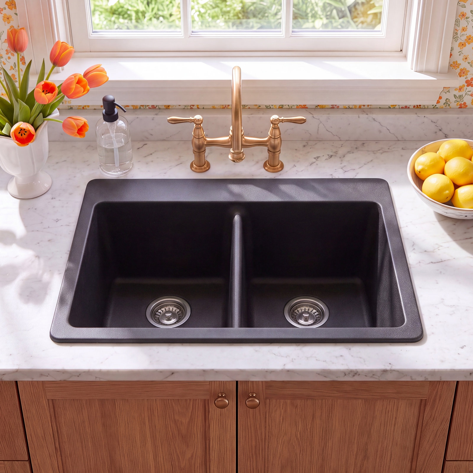 Quartz Luxe 33" Double Basin Drop-In Sink, Caviar