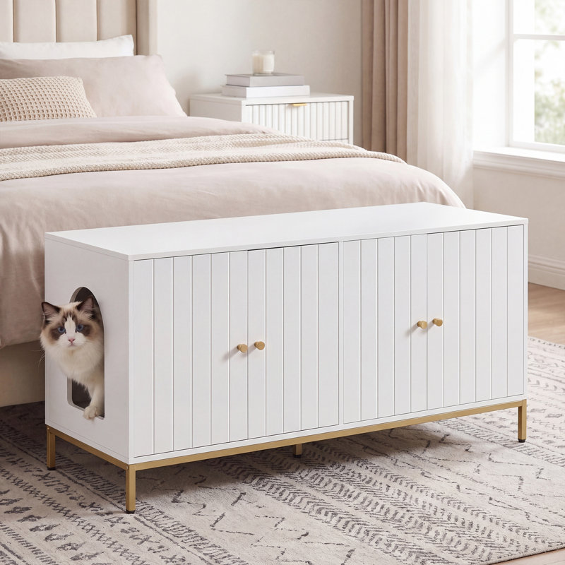 Double Litter Box Enclosure, Hidden Cat House with Scratching Mat, Modern Side Table, Tall Leg