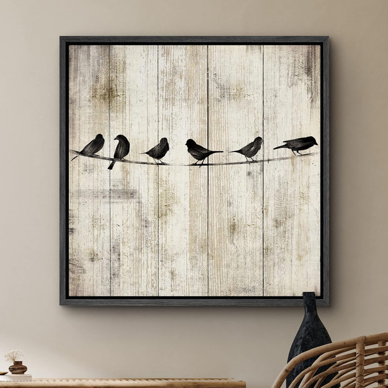 Silhouette d'oiseaux perchés sur une ligne électrique, animaux sauvages, panneaux de bois à effet rustique, impression sur toile