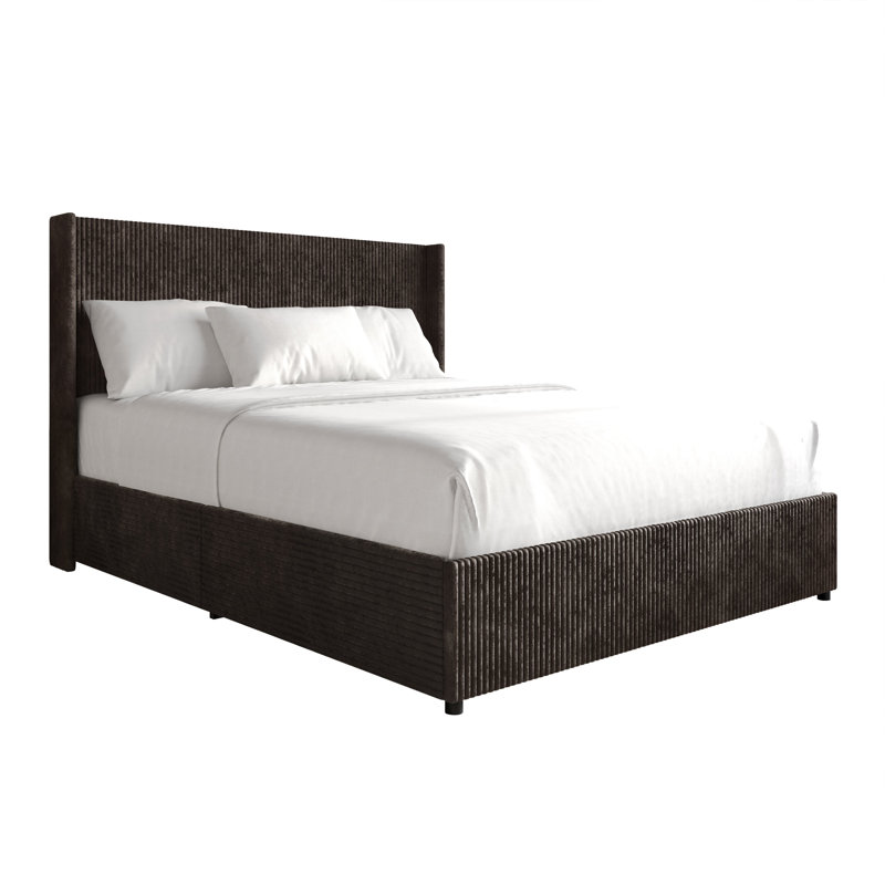 FULL SIZE WINGBACK PLATFORM LIFT UP STORAGE BED IN BROWN VELVET, BROWN, FULL