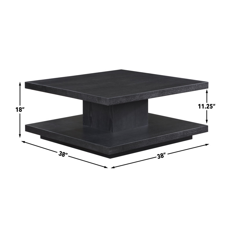 Maricelys 38" Square Oak Wood Coffee Table with Shelf and Casters, Black
