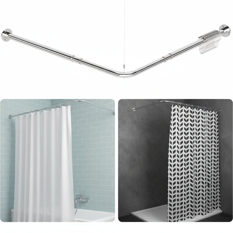Adjustable L-Shaped Corner Shower Rod (24.3"-48"), Brushed Nickel, 12 Hooks & Support