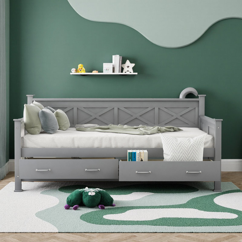 Lit de jour simple avec 2 grands tiroirs et structure en bois massif avec rangement en X - Style rustique moderne - Gris