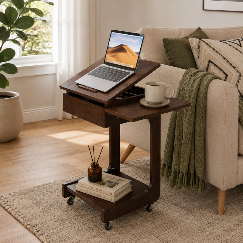 Rolling C Shaped End Table, Rotating Solid Wood Top, Laptop Stand