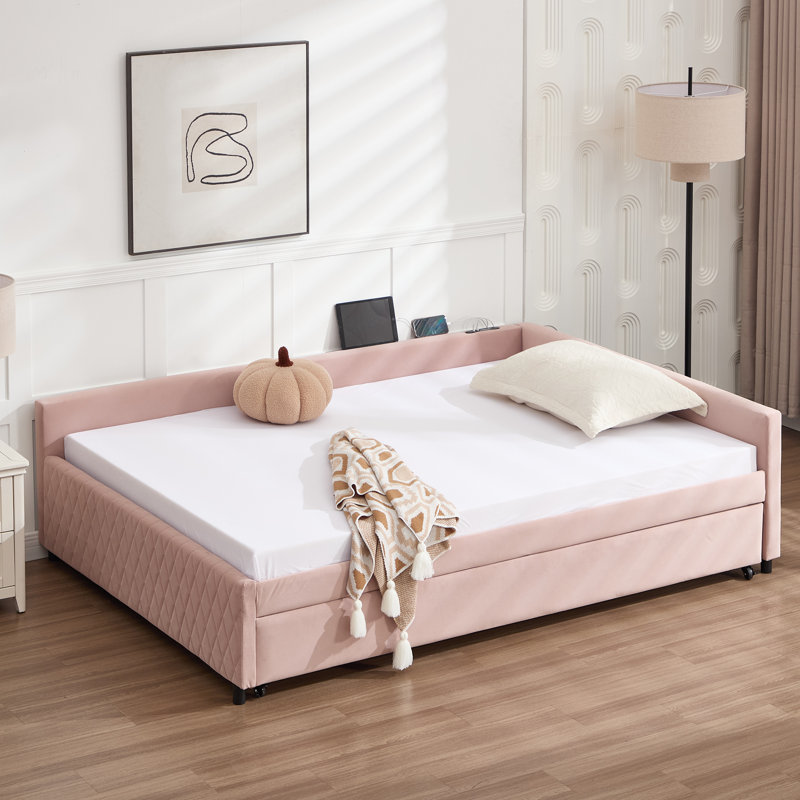 Upholstered Daybed With Trundle, Twin Size Velvet Sofa Bed With Pull Out Bed, Modern Guest Bed For Small Space, Bedroom, Living Room