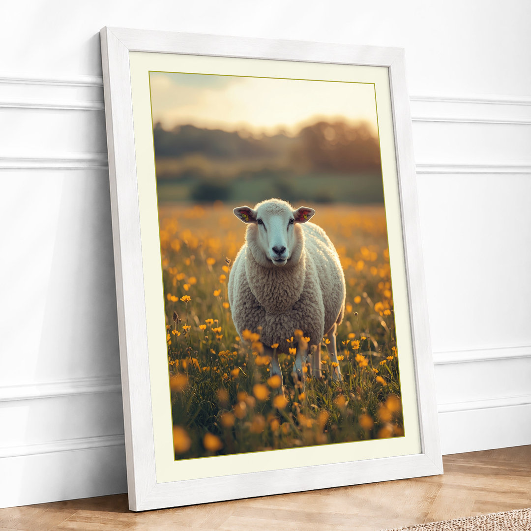 Sheep in Golden Meadow Pastoral - Framed Print