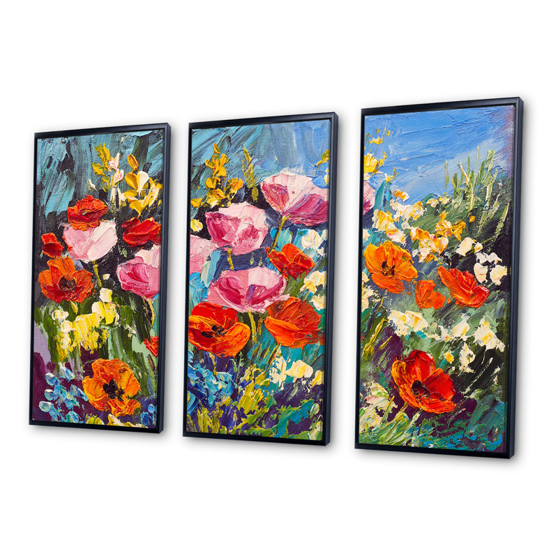 Fleurs printanières colorées - ensemble d'art mural sur toile traditionnel encadré de 3, H 28 po x l 36 po