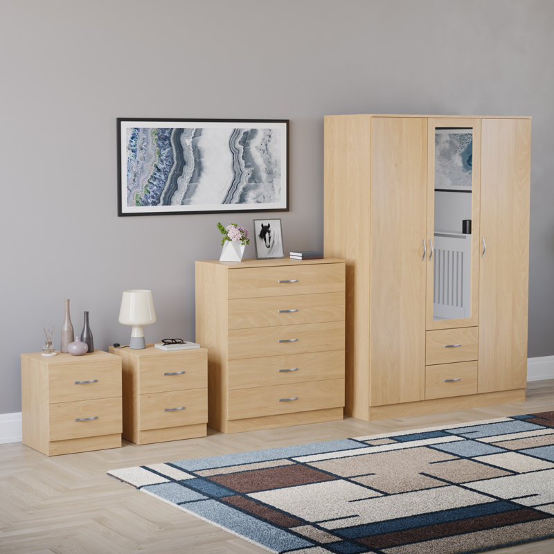 Tayce 4 Piece Bedroom Set (2 Drawer Bedside Chest X2, 5 Drawer Chest, 3 Door 2 Drawer Mirrored Wardrobe), Tan