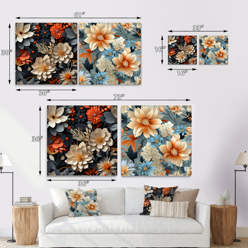 Harmonie florale bleue et blanche - ensemble d'art mural en verre acrylique floral, H 36 po x l 73 po
