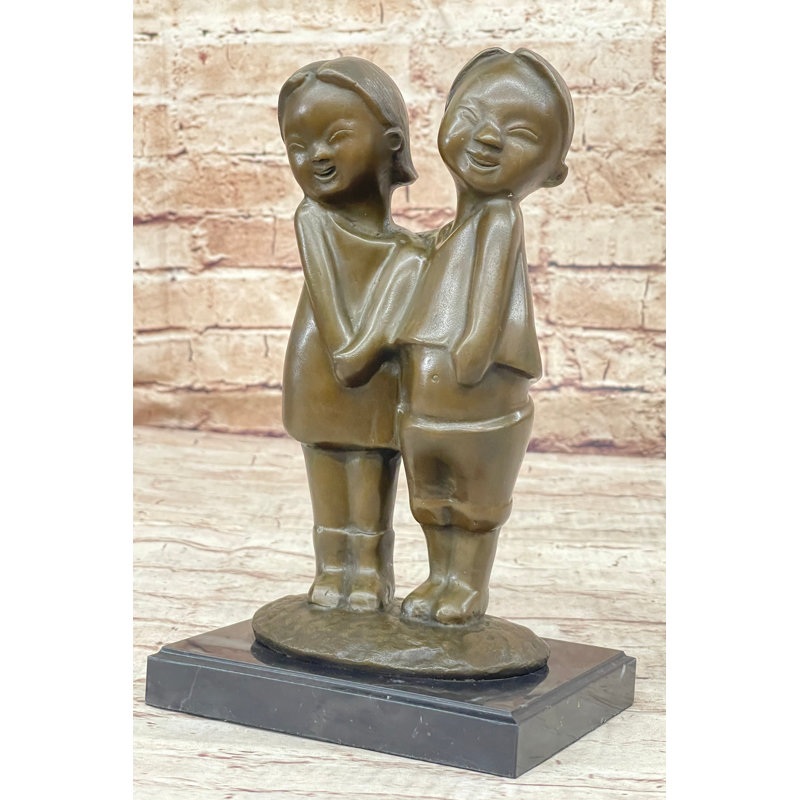 Sculpture chinoise en bronze «Frère et sœur posant pour une photo» par enfants chinois