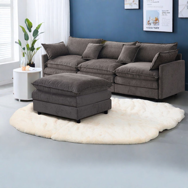 Canapés modulaires modernes en chenille gris, confortable à 3 places avec repose-pieds