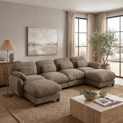 4-Seater Oversized Chenille Sofa with 2 Movable Ottomans, Extra-Deep Cloud-Inspired Flexible Lounge Couch, Brown