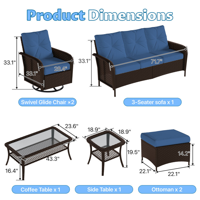 Ensemble de conversation d'extérieur en osier 7 pièces avec chaises pivotantes et repose-pieds, ensemble de mobilier de patio avec coussins, table basse et table d'appoint