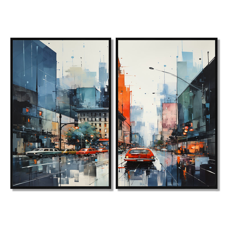 Bleu, gris, Mid Century, Mid-Century, Metropolis I - art mural moderne multicolore Mid-Century, H 36 po x l 48 po, Noir