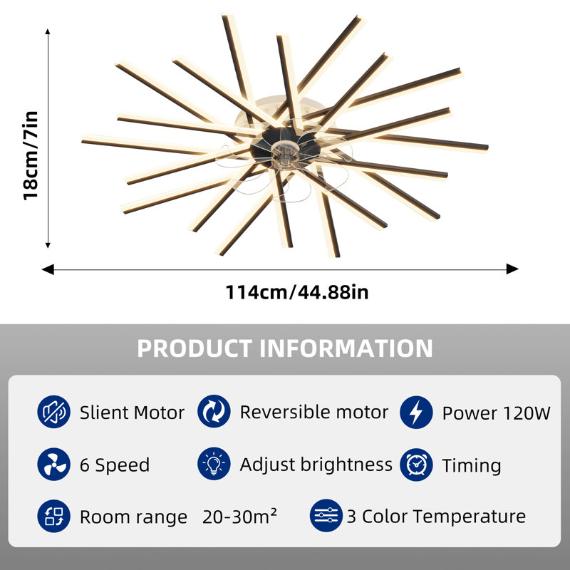 Dimmable and Timing 6 Gear Wind Speeds LED Modern Ceiling Fan Light with Remote/APP Control, Black