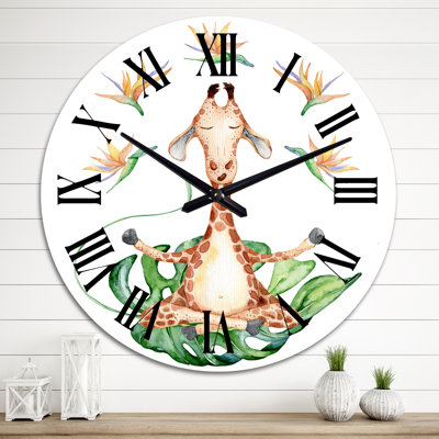 Cartoon Giraffe with Tropical Flowers V - Children's Art Wall Clock