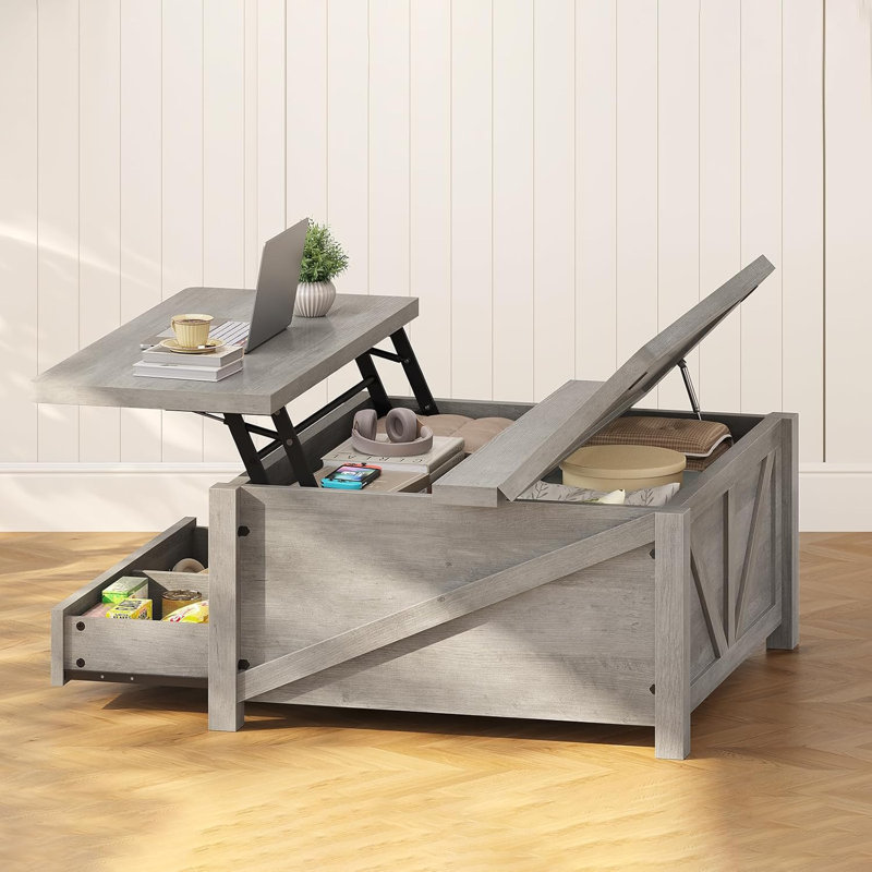 Gray Square Wood Lift-Top Coffee Table with Storage