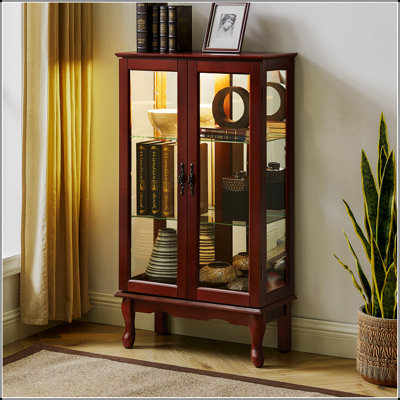 Vitrine lumineuse avec tablettes réglables et dossier en miroir, parfaite pour mettre en valeur des objets de collection et des décorations.