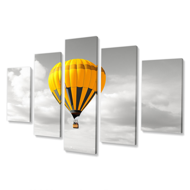 Jaune air chaud ballon II - art mural sur toile transport - 5 panneaux