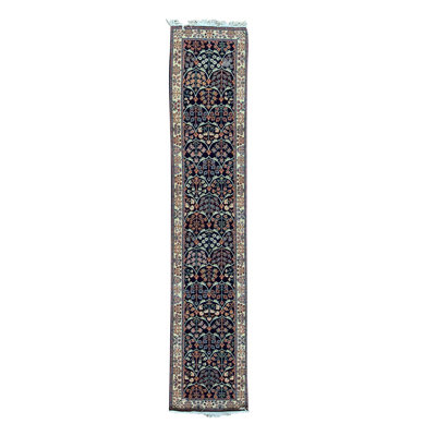Tapis de couloir oriental en laine bleu marine / ivoire / rouge vin noué à la main 2 pi 7 po x 12 pi 3 po Oriental