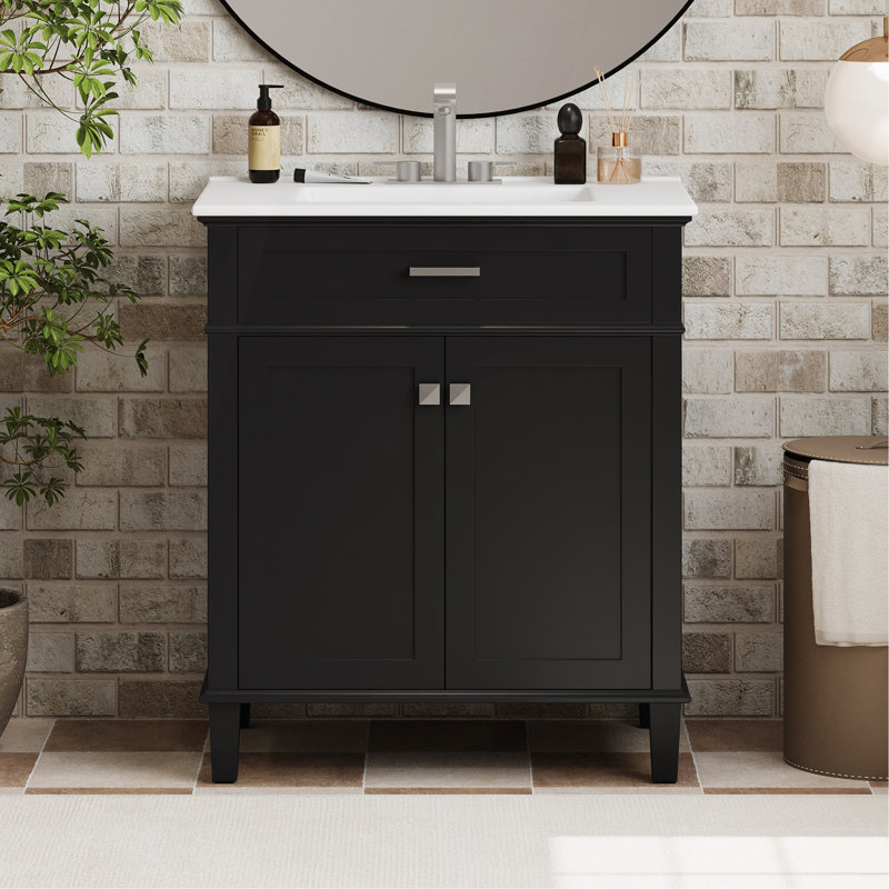 Meuble-lavabo de 30 po avec lavabo en céramique, porte à fermeture en douceur et tablettes réglables, Noir