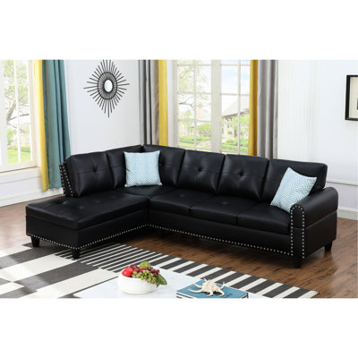 Canapé modulaire en forme de L en similicuir 2 pièces, faisant face à la gauche, 3 sièges, noir, avec accoudoirs ronds, dossiers coussinés, garniture cloutée, confortable pour le salon, coussins de ressorts rembourrés de mousse et attachés à la main, amovible