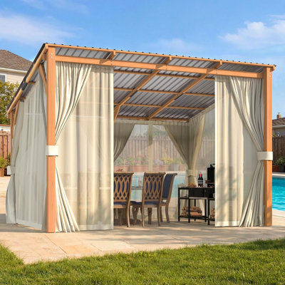 Pergolas et abris de jardin à toit rigide en bois avec rideaux et moustiquaire
