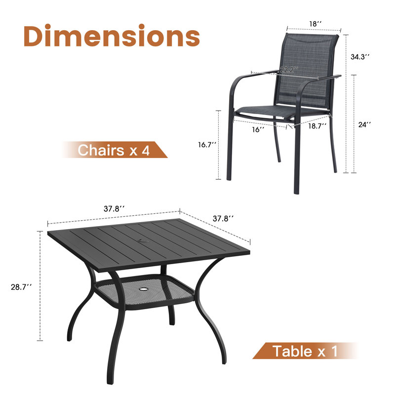 4-Person Patio Dining Set with Square Metal Dining Table and Stackable PVC-coated polyester Armrest Chairs, Black/Grey
