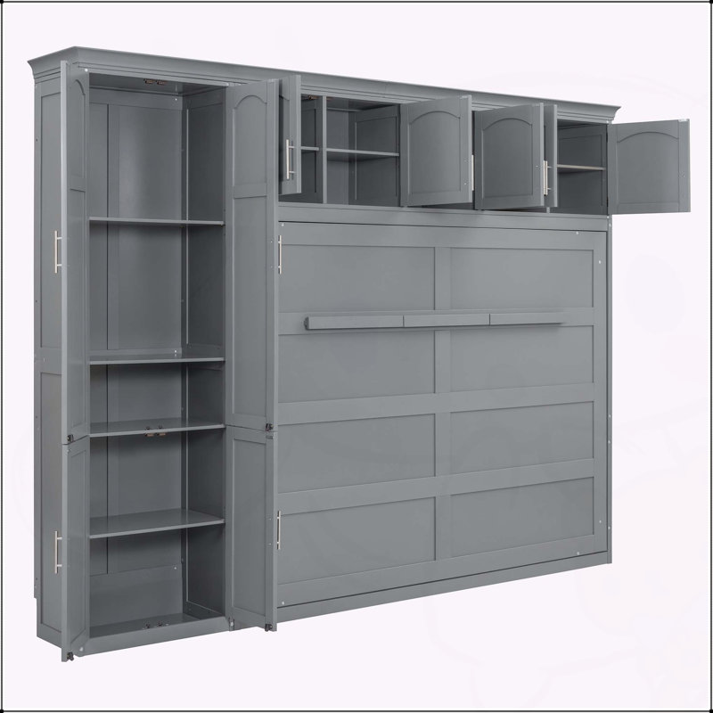 Grand lit escamotable mural avec armoires, gris