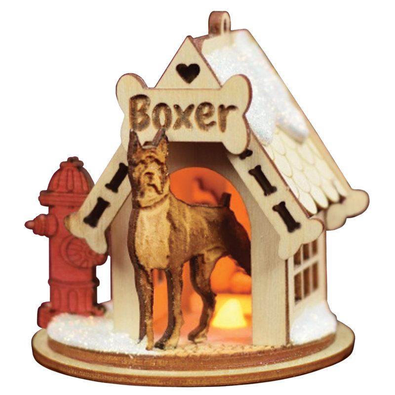 Boxer Doghouse Wooden Christmas Ornament with Light