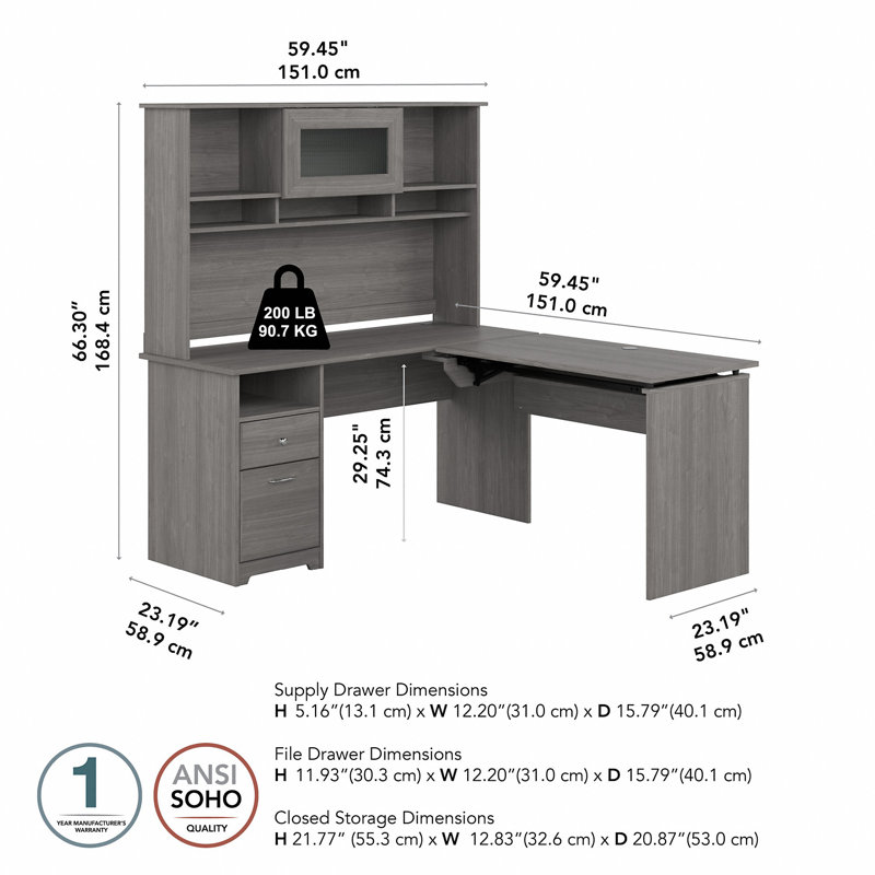Bureau d'ordinateur en L Shelonda, Gris moderne, H 66,3 po x l 59,45 po x P 69,17 po