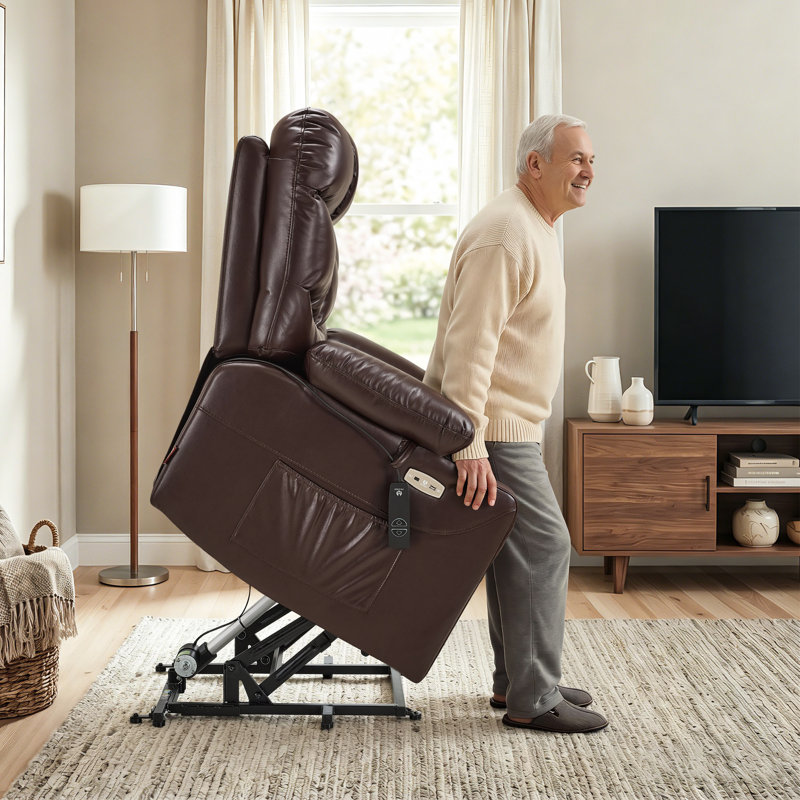 Latise Wide Power Recliner Lift Chair with Extended Footrest, Faux Leather, Dark Brown 100% Polyester