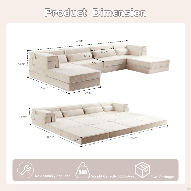 Canapé à compression, canapé-lit convertible au sol, canapé modulaire à désossage bricolage modulaire, aucun assemblage requis