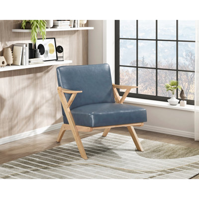 Siège d'appoint de salon, bois massif, similicuir bleu, 32,31 po Largeur du produit Chaise en bois d'hévéa, poids de 24,26 lb