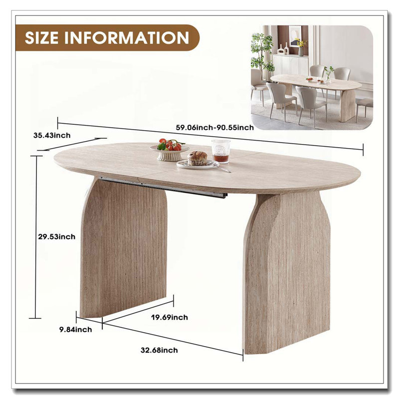Table de salle à manger en bois extensible, table de cuisine ovale moderne avec un design à deux piliers élégant, pour la salle à manger et le rassemblement, multifonctionnel et peu encombrant, salon et salle à manger.
