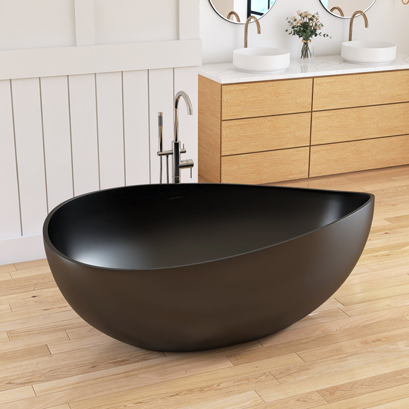 Forma 63" Wavy Freestanding Tub Solid Surface Freestadning Stone Resin Soaking Bathtub, Matte Black