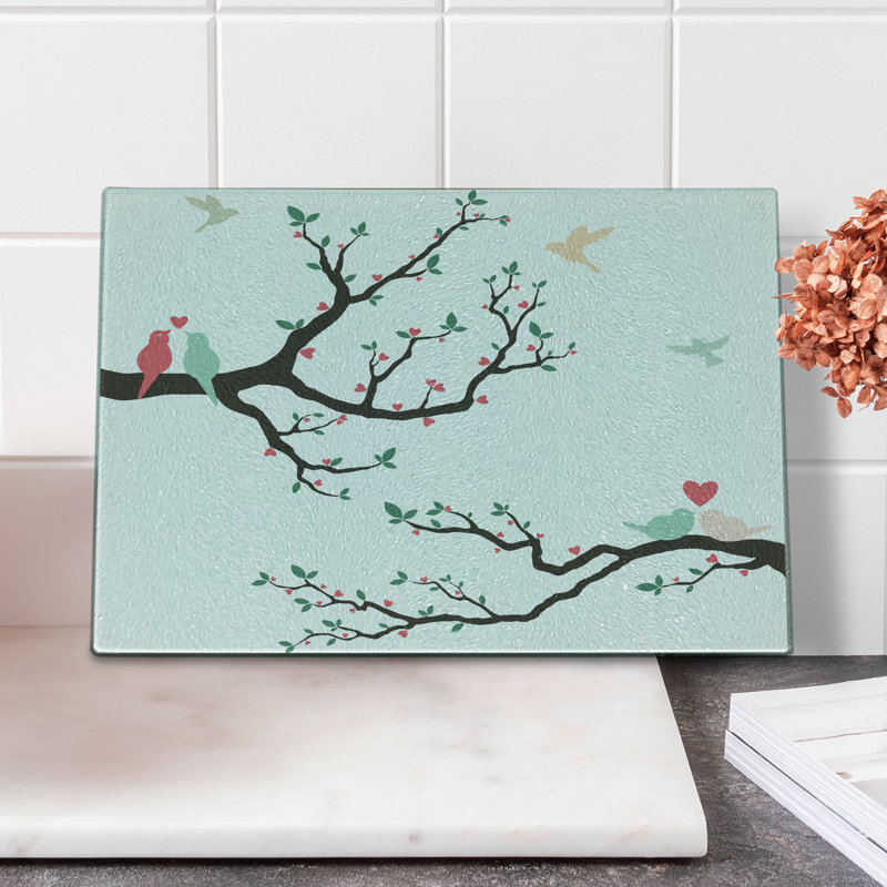 Ambesonne Love, planche à découper en verre trempé, oiseaux rétro sur une branche d'arbre vert rose brun