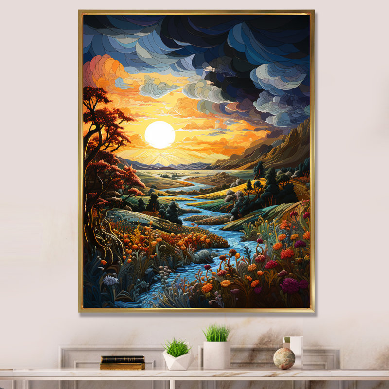 Tempêtes, lever de soleil, paysage III, Cadre flottant doré, H 32 po x l 16 po x P 1 po