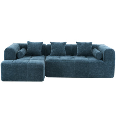 101.2" Sectional , Blue. Versatile Modular Design. Full Foam For Exceptional Comfort. Graceful Curved . 3 Square & 2 Bolster Pillows. Back, American Flair Blue Couch Home Use, 101.2". Deep Seating